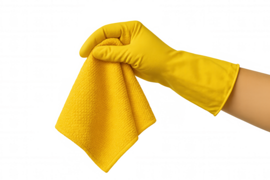 Hand with yellow glove holding yellow cleaning cloth on transparent background, ready for housework - Powered by Adobe