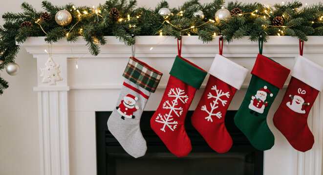 Festive christmas stockings hanging on a fireplace mantel with garland decor - Powered by Adobe