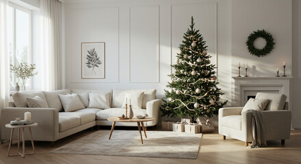 Living room decorated for christmas with tree sofa and fireplace in white theme