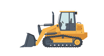 Fototapeta premium A bright yellow tracked loader with a black bucket and cab sits on a white background illustrating its construction capabilities and heavy machinery presence in the industry 