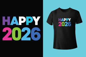 Happy New Year 2026 text printed on plain black t shirt in multiple angles, festive and celebratory design for holiday season
