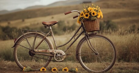 At scene opening, camera pushing in to bike in field with sunflower basket, revealing paint texture - Powered by Adobe