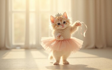 Fototapeta premium A fluffy ginger kitten sits poised with bright eyes amidst a softly blurred background.