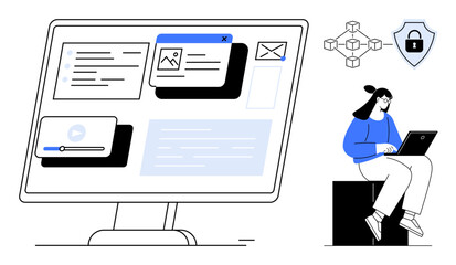 Computer screen with app windows, video, and email beside blockchain and security badge. Woman working on laptop. Ideal for technology, cybersecurity, remote work, IT, online learning blockchain