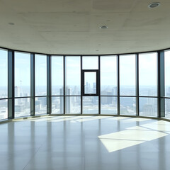 Obraz premium Empty, modern space with city view. Large windows offer panoramic views of a cityscape, highlighting the expansive space. Light-colored concrete walls and floor create a bright, airy atmosphere