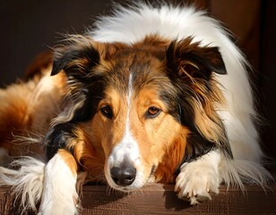 Dog resting outdoors, bright colors