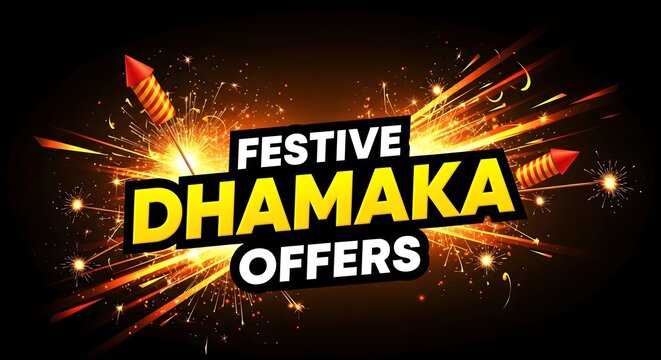 Festive dhamaka offers banner with fireworks and explosion effect, Indian festival shopping sale promotion design