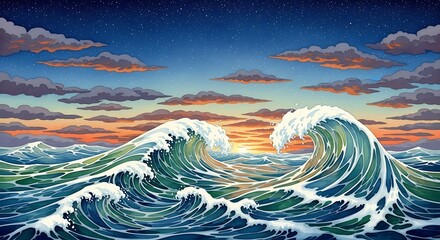 Ocean Waves at Sunset.