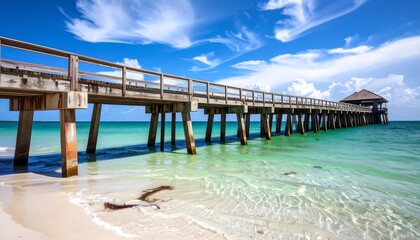 A long wooden pier extends into a tranquil turquoise ocean, with a gazebo at the end and a sunny sky above.