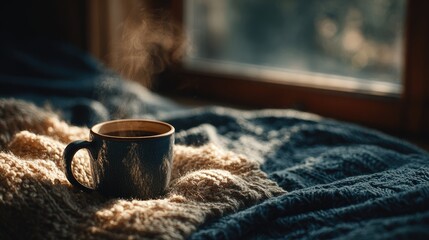 Cozy mug of steaming coffee on a windowsill blanket