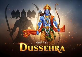 Happy Dussehra festival illustration of Lord Rama with bow and arrow, victory over Ravana, Hindu celebration of good over evil