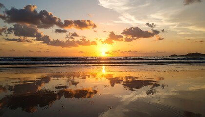 Obraz premium Golden sunset casts a serene glow over a tranquil beach, reflecting vibrant hues in the calm water.