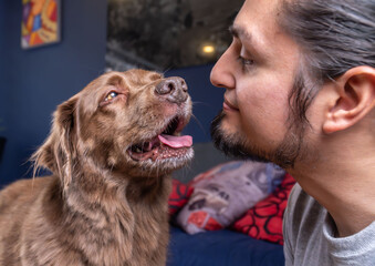Affectionate dog and its owner at home. Friends forever. Loving dog.