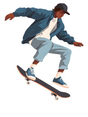 Young man in casual clothing performing a skateboard trick.