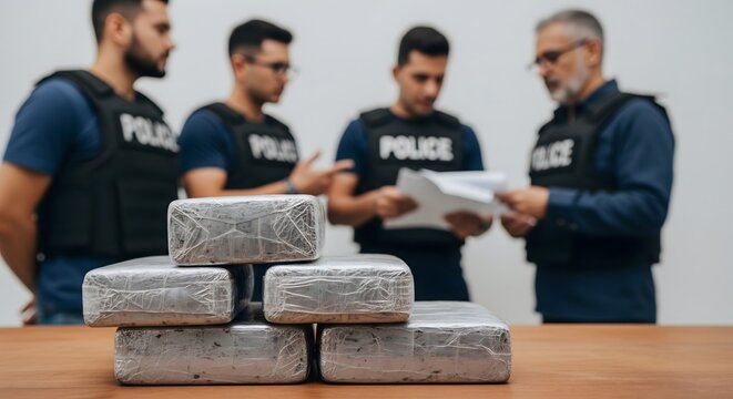 Police officers with seized drug packages on table, law enforcement operation against narcotics, crime investigation, and illegal trafficking bust