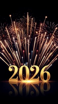 Spectacular Golden 2026 New Year Celebration with a Dazzling Fireworks Display  | Vertical Video Format