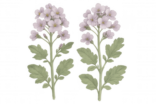 Botanical illustration depicting dame's rocket flowers with pink petals and verdant leaves, rendered against transparent backdrop
