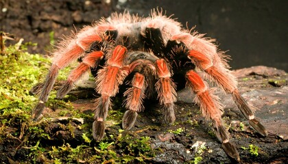 Tarantula close-up on mossy log