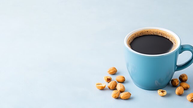 Blue mug of coffee with nuts on a light blue background