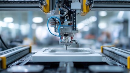 Medium shot capturing a robotic arm positioning a print bed within a largescale 3D printing system blurred factory elements in background symbolizing automation integration.