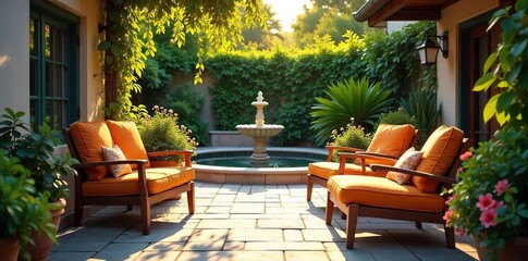 A vibrant, sun-drenched patio scene featuring comfortable furniture, lush plants, and a tranquil fountain, suggesting relaxation and contentment in retirement , restful, sunshine, peaceful