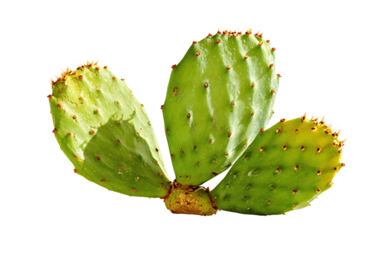 Three Green Prickly Pear Cactus Pads Isolated on White Transparent Background