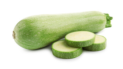 Fresh whole and cut zucchinis isolated on white