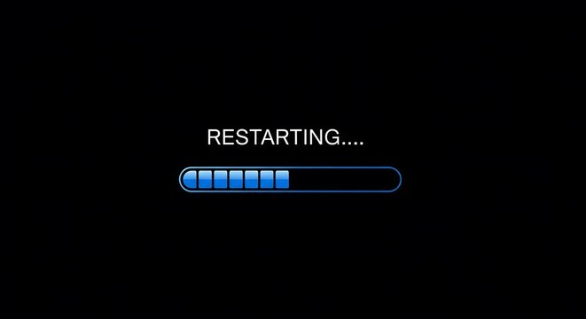 Restarting screen with loading progress bar on black background, computer reboot process, digital system restart, technology update, and software installation concept