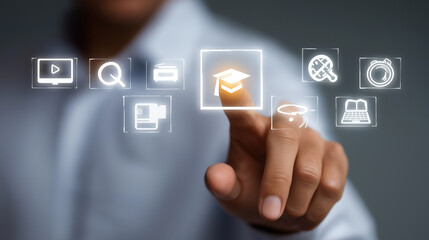 Businessman Hand Touching Screen with Floating Icons  Futuristic Digital Interface and Innovation Concept
