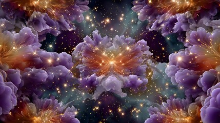 Fototapeta premium Abstract Cosmic Clouds with Sparkling Stars and Ethereal Swirls in Vibrant Purple and Orange Hues