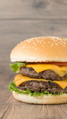 Double cheeseburger on a wooden surface