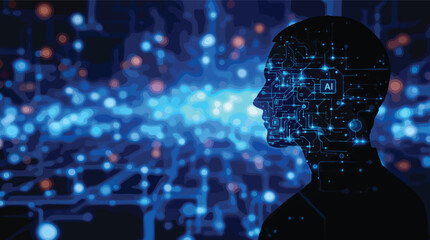 Obraz premium AI Brain Concept With Human Head Silhouette And Blurry Blue Digital Background artificial intelligence.