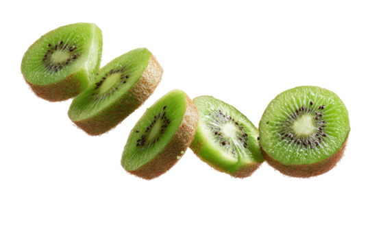 Sliced kiwi fruit, vibrant green,  circular slices,  hovering in mid-air