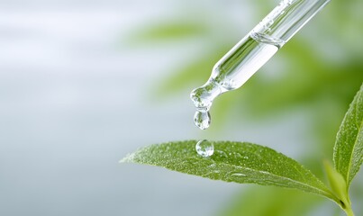 A dropper with clear liquid dripping onto the edge of a green leaf, with a white background and blurred light gray grass in the background