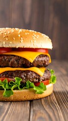 Double cheeseburger on a wooden table