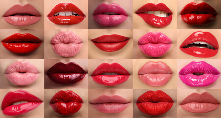 Women's lips with lipsticks of different shades, collage