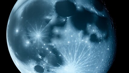 Lunar surface with crystalline craters refracting blue starlight in close-up.