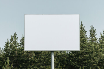 A large blank billboard stands among tall pine trees under a clear blue sky, inviting creative design, messaging ideas, and visual attention for outdoor advertising.