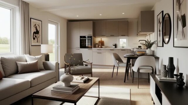 Interior shot of a fully furnished modular apartment illustrating versatile design options and highquality finishes achievable with prefab construction.