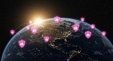 Earth with security shields and lock icons, global network protection concept, sunrise