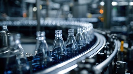 Clear plastic bottles on a conveyor belt in a bottling plant