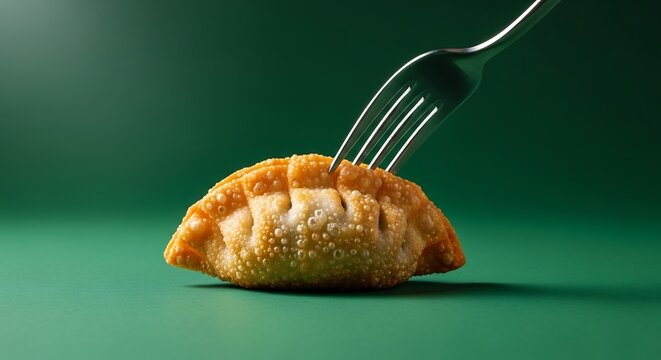 Golden fried dumpling on silver fork centered against emerald green background, minimal food photography for modern editorial visuals