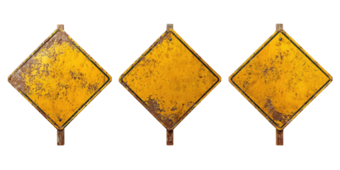 Three weathered, yellow diamond-shaped road signs