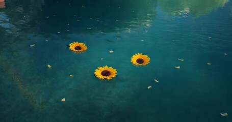 Starting sunflower trio drifting on turquoise pond rotating amid swirling petals, tree reflections - Powered by Adobe