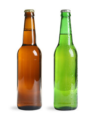 Different types of fresh beer in glass bottles isolated on white