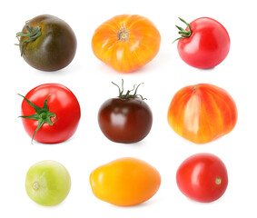 Different types of ripe tomatoes isolated on white, collage