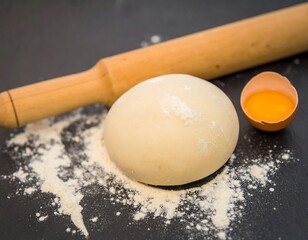 Dough, rolling pin, egg yolk on dark surface