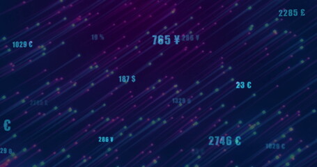 Streaming neon diagonal light streaks across data network dashboard, with floating currency values