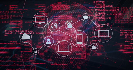 Displaying network diagram connecting cloud, phone and padlock icons on digital interface with code