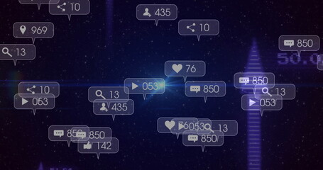 Displaying social media metric icons hovering in virtual interface, with hearts and share arrows